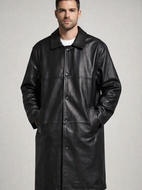 Boulevard Club Black Leather Coat Mens Small 38 Inch Length Button Front Trench